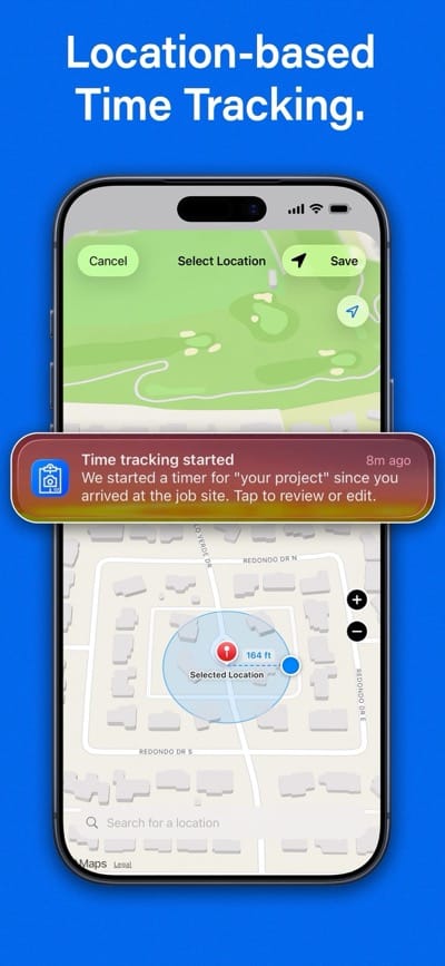 ProofRoll screenshot showing location-based time tracking