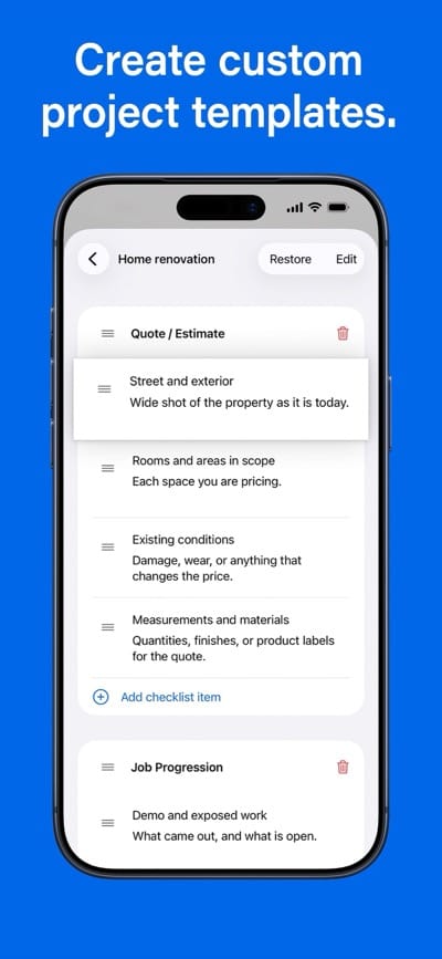 ProofRoll screenshot showing custom project templates
