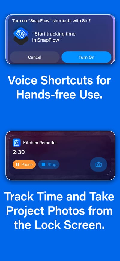 ProofRoll screenshot showing voice shortcuts and time tracking Live Activity